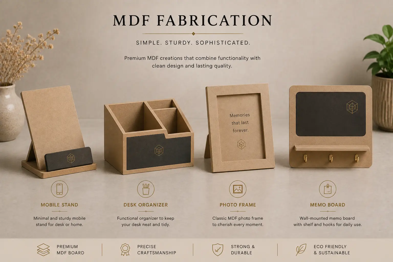 MDF-fabricated desk and display items