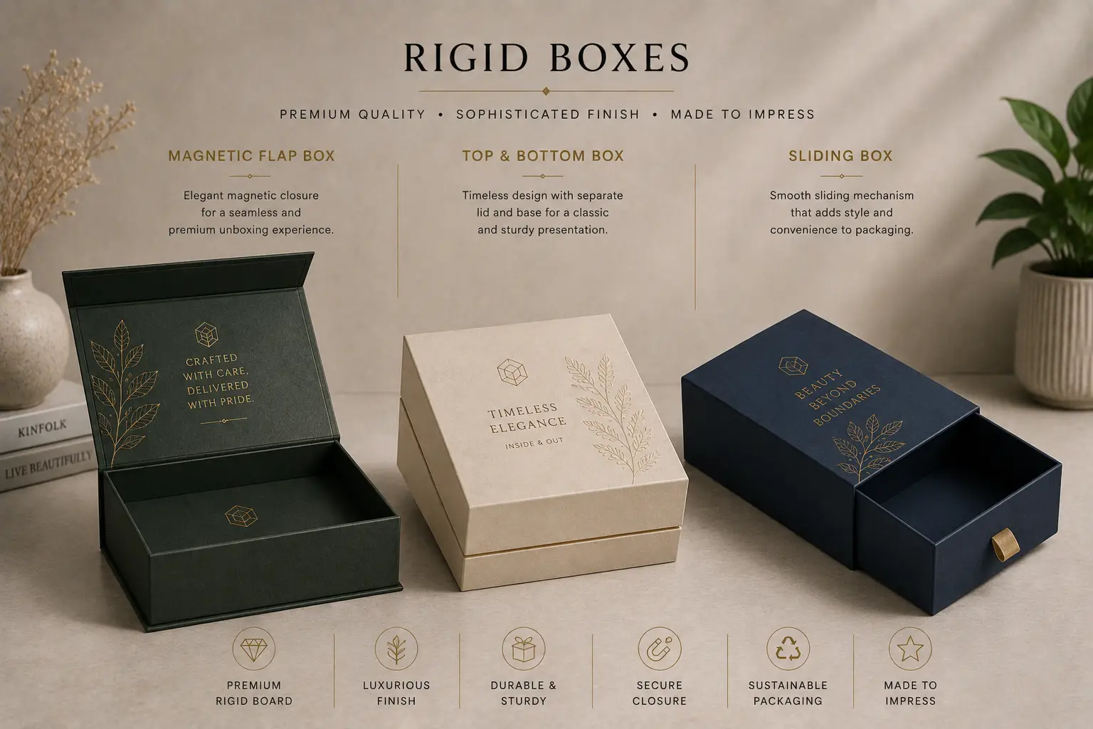 Premium rigid gift boxes with printed and foiled branding